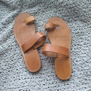 Brown Minimalist Leather Slides - Size 7